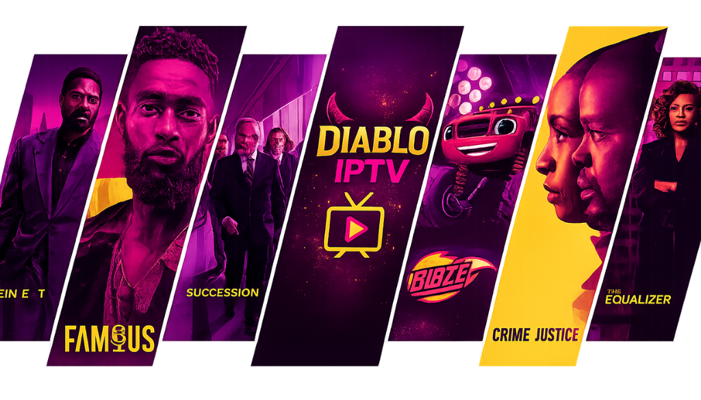 Diablo IPTV cinematic entertainment collage with premium TV shows, movies, live channels, sports, and IPTV Point branding in purple and gold.