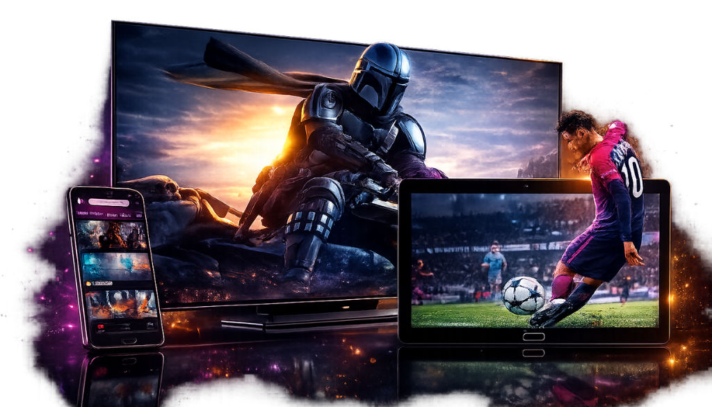 Diablo IPTV premium streaming banner featuring Smart TV, smartphone, tablet, live football, movies, TV series, and multi-device IPTV entertainment.