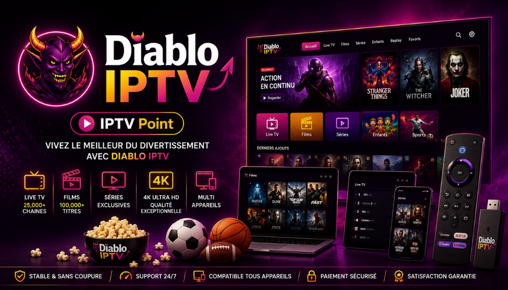 Diablo IPTV promotional banner showcasing 25,000+ live channels, 100,000+ movies and series, 4K streaming, multi-device support, and IPTV Point.