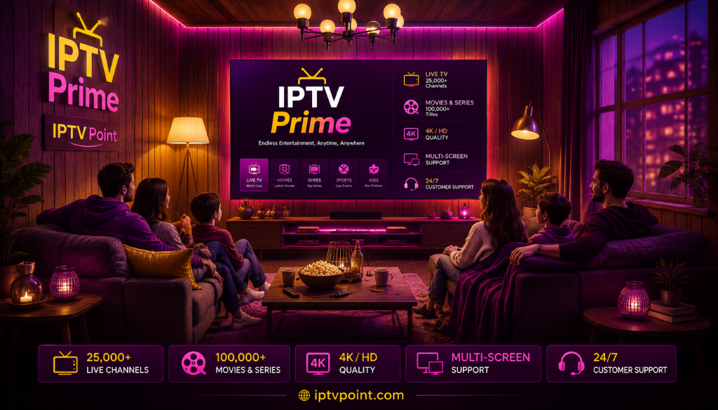 Family enjoying IPTV Prime on Smart TV with 25,000+ live channels, 100,000+ movies and series, 4K quality and multi-screen support.