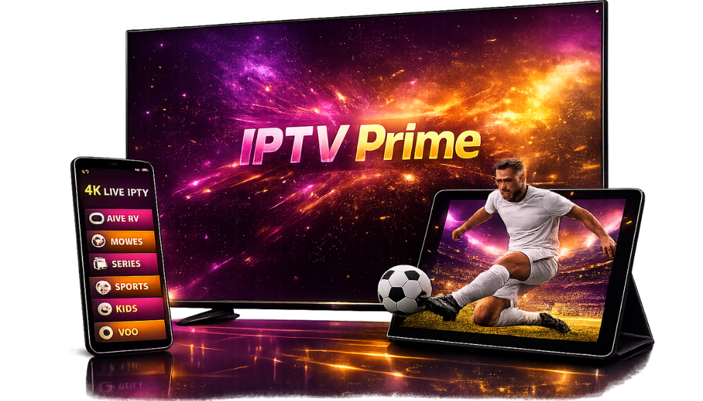 IPTV Prime streaming on Smart TV, smartphone and tablet with live sports, movies, series and premium 4K entertainment.