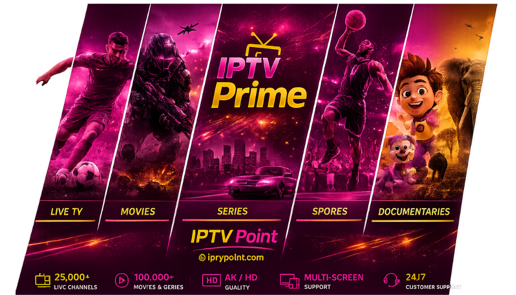 IPTV Prime entertainment banner featuring live TV, movies, series, sports, documentaries, 25,000+ channels and 4K HD streaming by IPTV Point.