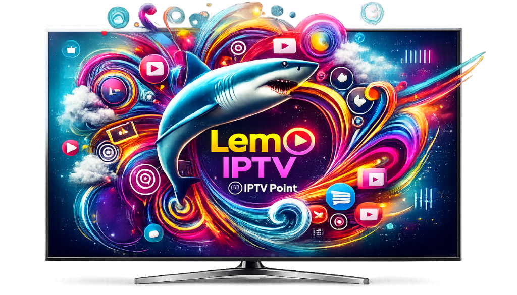 LEMO IPTV smart TV illustration with IPTV Point featuring colorful digital streaming graphics, live TV, movies, series, sports, and 4K entertainment.