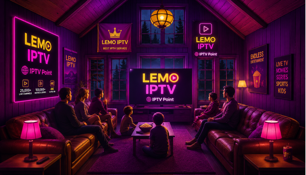 Family enjoying LEMO IPTV on a large smart TV with IPTV Point, delivering premium live TV, movies, sports, kids, and 4K streaming.