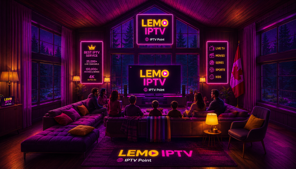LEMO IPTV home entertainment setup by IPTV Point featuring 25,000+ live channels, 100,000+ movies and series in HD, FHD, and 4K.