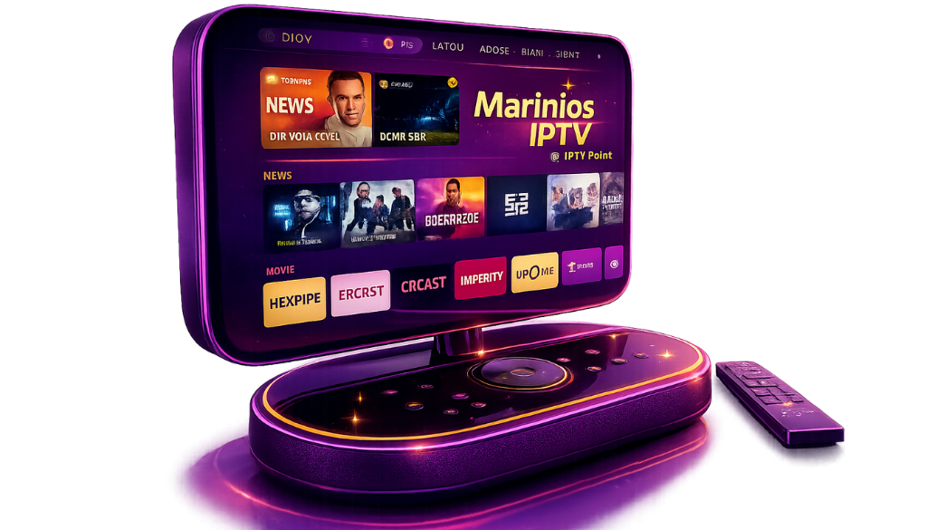 Modern Marinios IPTV streaming device with smart display and remote control in purple, gold, and magenta colors for IPTV Point.