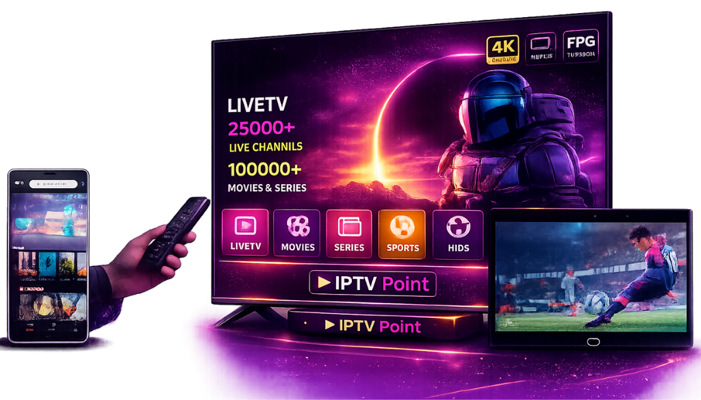 Marinios IPTV on Smart TV with smartphone and tablet, featuring 25,000+ live channels, 100,000+ movies, and IPTV Point branding.