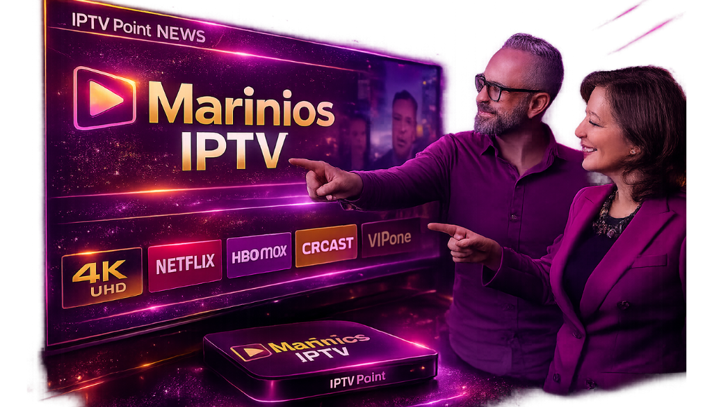Marinios IPTV premium streaming service with smart TV, IPTV box, and happy couple using IPTV Point for live TV, movies, and sports.