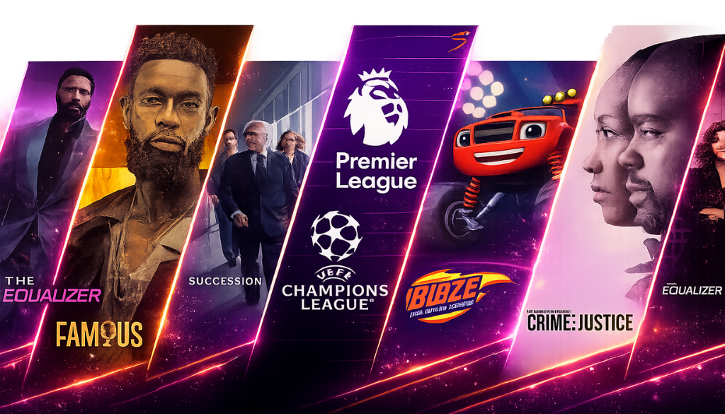 Marinios IPTV entertainment banner featuring live TV, Premier League, Champions League, movies, series, and family entertainment.